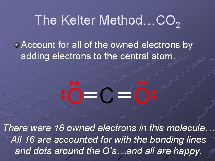 The Kelter Method…CO 2 Account for all of the owned electrons by adding electrons The Kelter Method…CO 2 Account for all of the owned electrons by adding electrons