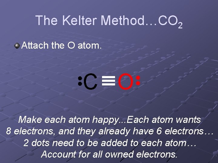 The Kelter Method…CO 2 Attach the O atom. C O Make each atom happy. The Kelter Method…CO 2 Attach the O atom. C O Make each atom happy.