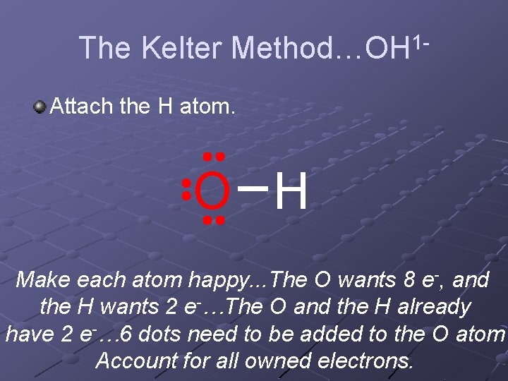 The Kelter Method…OH 1 Attach the H atom. O H Make each atom happy. The Kelter Method…OH 1 Attach the H atom. O H Make each atom happy.