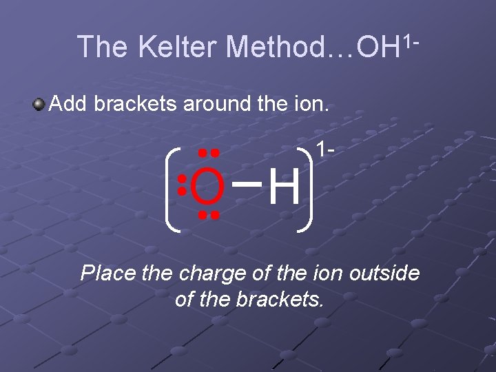 The Kelter Method…OH 1 Add brackets around the ion. O H 1 - Place The Kelter Method…OH 1 Add brackets around the ion. O H 1 - Place