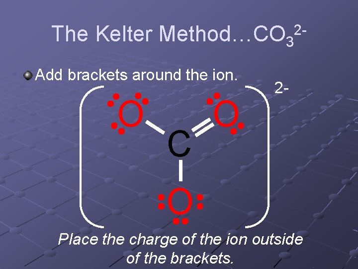 The Kelter Method…CO 32 Add brackets around the ion. O C O 2 - The Kelter Method…CO 32 Add brackets around the ion. O C O 2 -