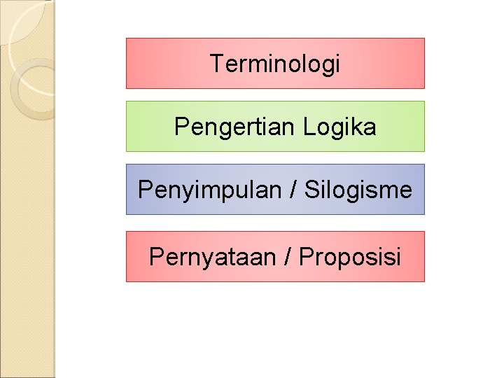 Terminologi Pengertian Logika Penyimpulan / Silogisme Pernyataan / Proposisi 