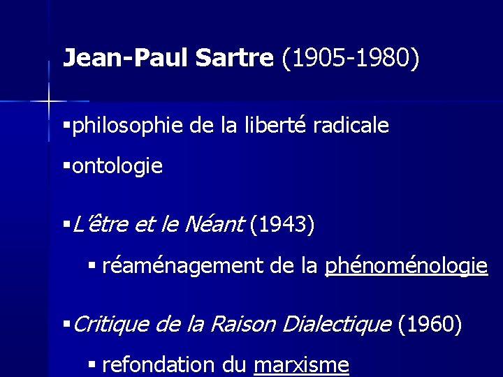 Jean-Paul Sartre (1905 -1980) philosophie de la liberté radicale ontologie L’être et le Néant