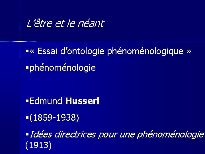 L’être et le néant « Essai d’ontologie phénoménologique » phénoménologie Edmund Husserl (1859 -1938)