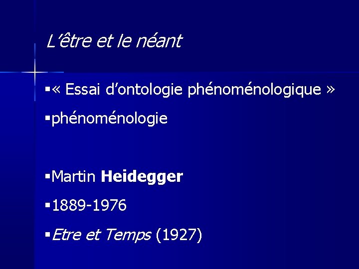L’être et le néant « Essai d’ontologie phénoménologique » phénoménologie Martin Heidegger 1889 -1976