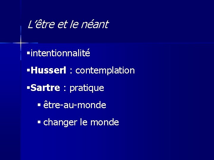 L’être et le néant intentionnalité Husserl : contemplation Sartre : pratique être-au-monde changer le