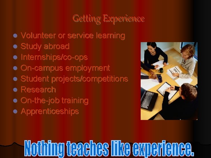 Getting Experience l l l l Volunteer or service learning Study abroad Internships/co-ops On-campus
