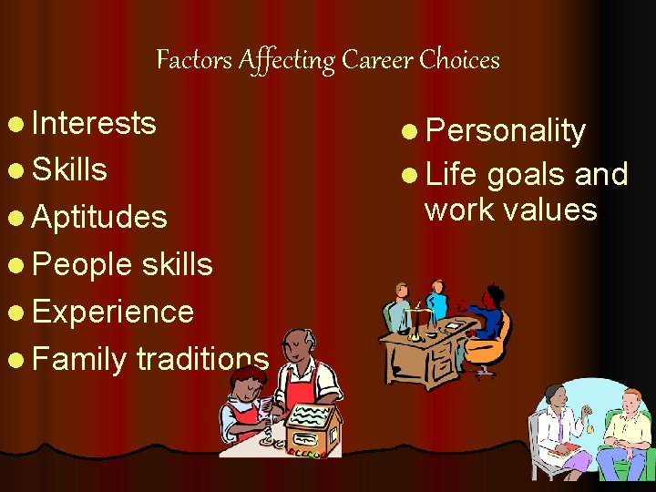Factors Affecting Career Choices l Interests l Personality l Skills l Life goals and