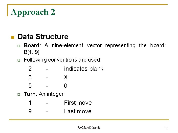 Approach 2 n Data Structure q q Board: A nine-element vector representing the board: