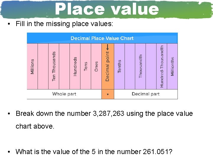 Place value • Fill in the missing place values: • Break down the number
