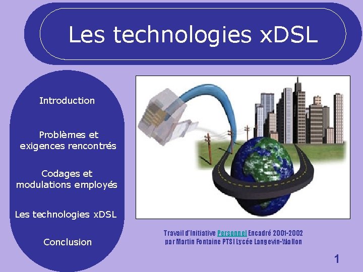 Les technologies x. DSL Introduction Problèmes et exigences rencontrés Codages et modulations employés Les