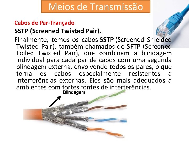 Meios de Transmissão Cabos de Par-Trançado SSTP (Screened Twisted Pair). Finalmente, temos os cabos