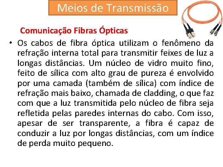 Meios de Transmissão Comunicação Fibras Ópticas • Os cabos de fibra óptica utilizam o