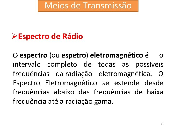 Meios de Transmissão ØEspectro de Rádio O espectro (ou espetro) eletromagnético é o intervalo