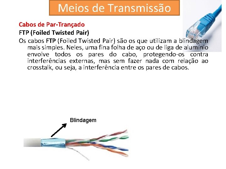 Meios de Transmissão Cabos de Par-Trançado FTP (Foiled Twisted Pair) Os cabos FTP (Foiled
