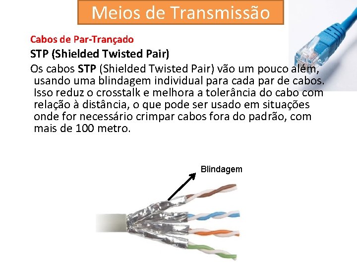 Meios de Transmissão Cabos de Par-Trançado STP (Shielded Twisted Pair) Os cabos STP (Shielded