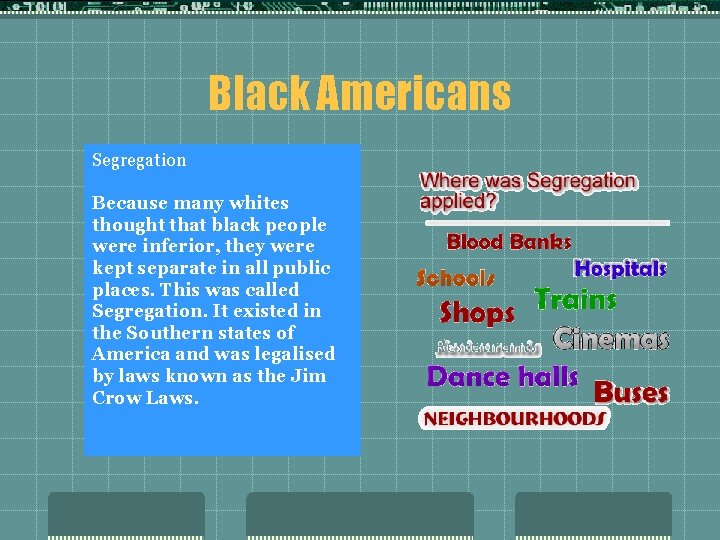 Black Americans Segregation Because many whites thought that black people were inferior, they were