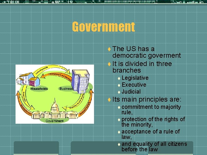 Government t The US has a democratic goverment t It is divided in three
