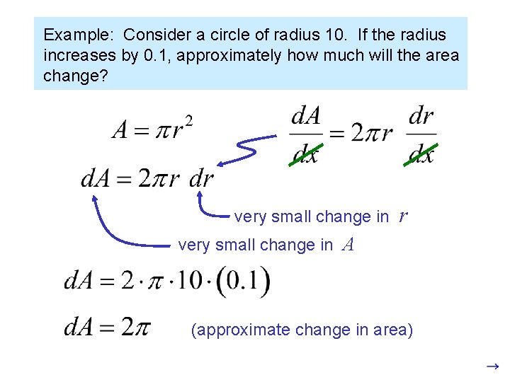 Example: Consider a circle of radius 10. If the radius increases by 0. 1,