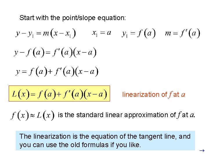 Start with the point/slope equation: linearization of f at a is the standard linear