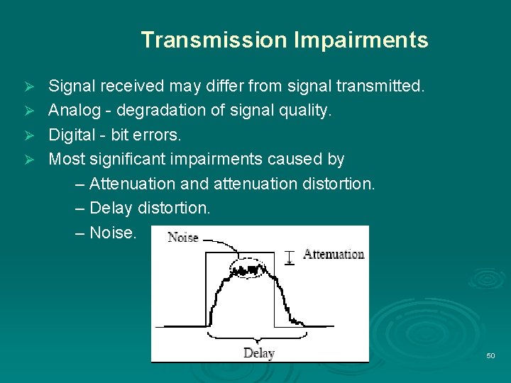 Transmission Impairments Ø Ø Signal received may differ from signal transmitted. Analog - degradation