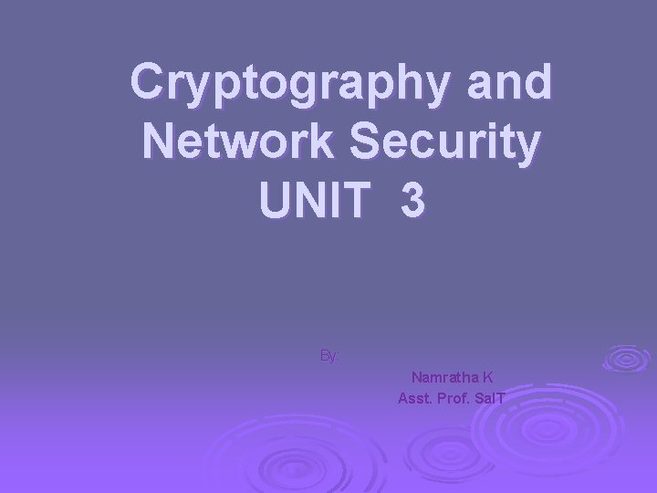 Cryptography and Network Security UNIT 3 By: Namratha K Asst. Prof. Sa. IT 