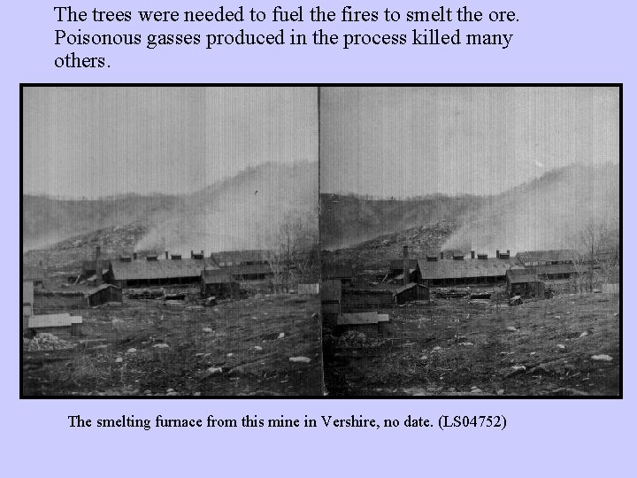 The trees were needed to fuel the fires to smelt the ore. Poisonous gasses