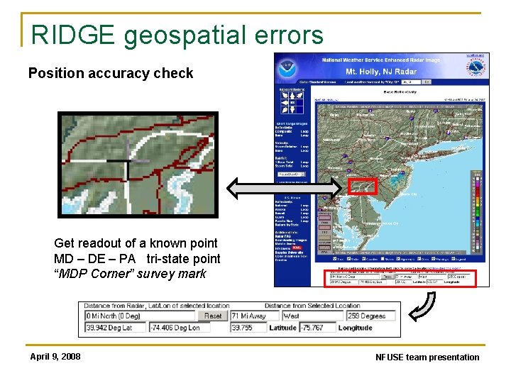 RIDGE geospatial errors Position accuracy check Get readout of a known point MD –