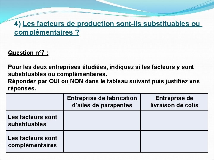 4) Les facteurs de production sont-ils substituables ou complémentaires ? Question n° 7 :
