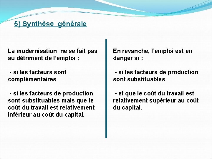 5) Synthèse générale La modernisation ne se fait pas au détriment de l’emploi :