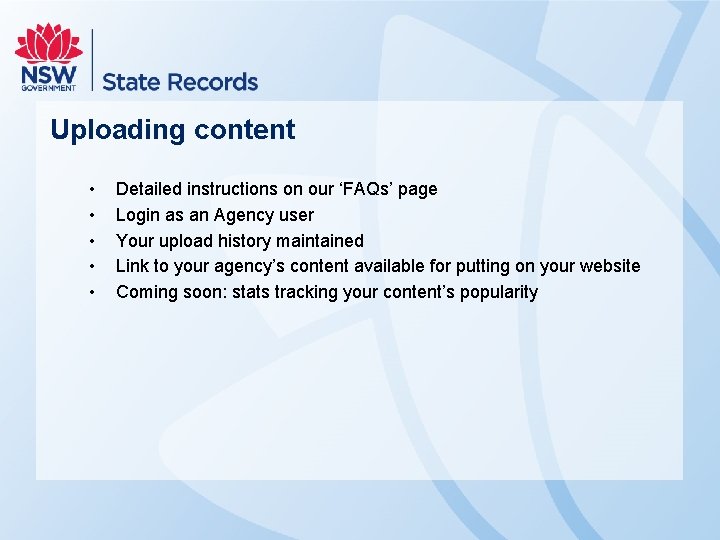 Uploading content • • • Detailed instructions on our ‘FAQs’ page Login as an