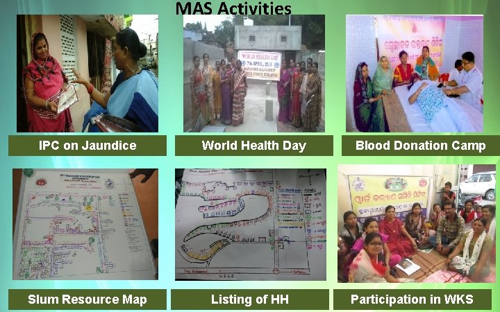 MAS Activities IPC on Jaundice Slum Resource Map World Health Day Listing of HH