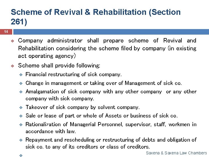 Scheme of Revival & Rehabilitation (Section 261) 14 v Company administrator shall prepare scheme