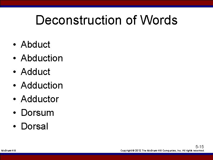Deconstruction of Words • • Mc. Graw-Hill Abduction Adduction Adductor Dorsum Dorsal 5 -15