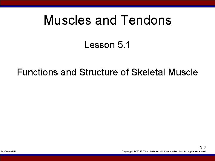 Muscles and Tendons Lesson 5. 1 Functions and Structure of Skeletal Muscle Mc. Graw-Hill