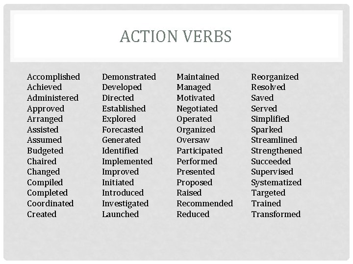 ACTION VERBS Accomplished Achieved Administered Approved Arranged Assisted Assumed Budgeted Chaired Changed Compiled Completed