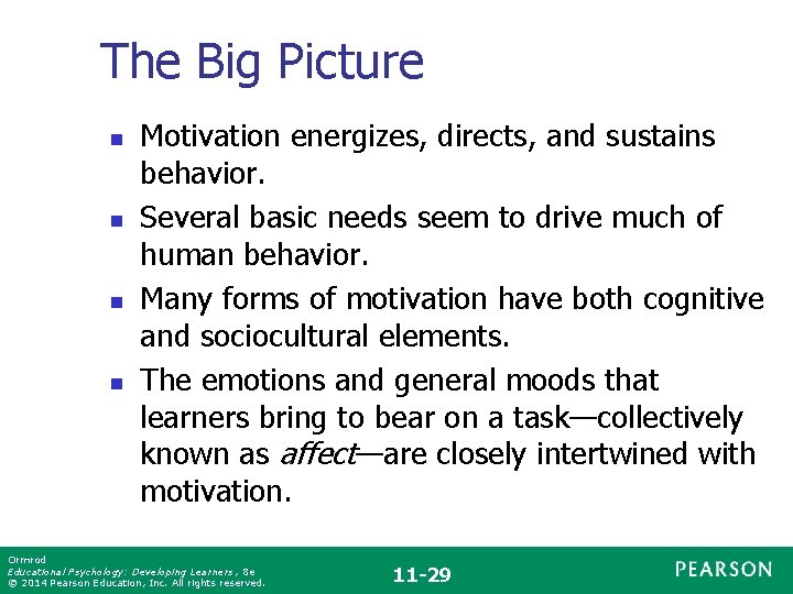 The Big Picture n n Motivation energizes, directs, and sustains behavior. Several basic needs