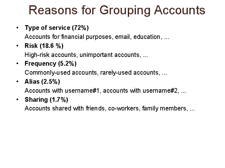 Reasons for Grouping Accounts • Type of service (72%) Accounts for financial purposes, email,