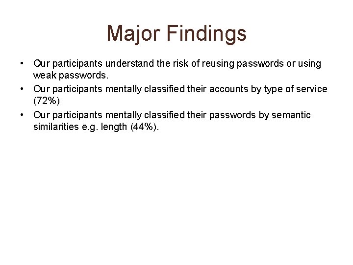 Major Findings • Our participants understand the risk of reusing passwords or using weak