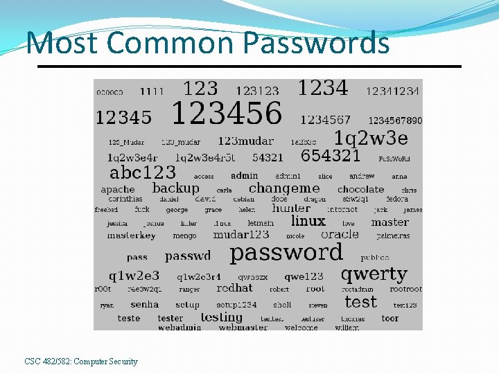 Most Common Passwords CSC 482/582: Computer Security 