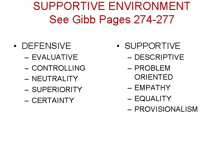 SUPPORTIVE ENVIRONMENT See Gibb Pages 274 -277 • DEFENSIVE – – – EVALUATIVE CONTROLLING