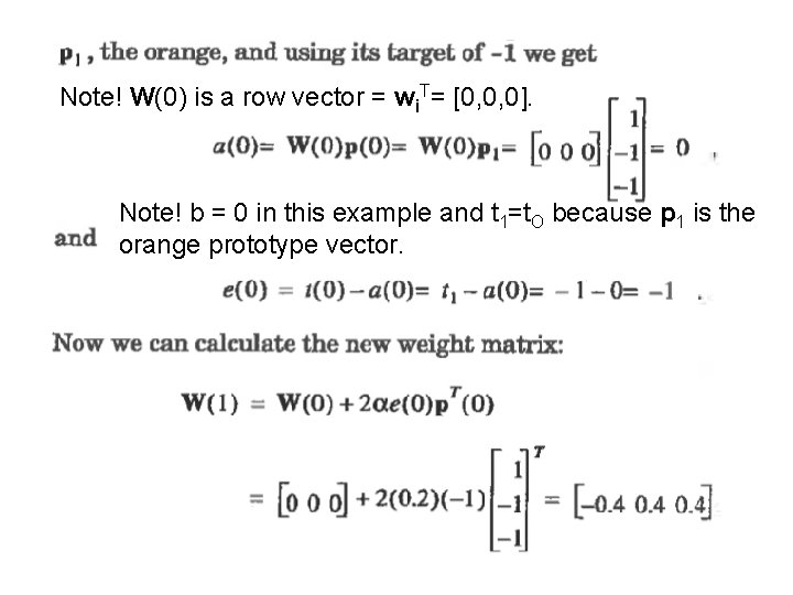 Note! W(0) is a row vector = wi. T= [0, 0, 0]. Note! b