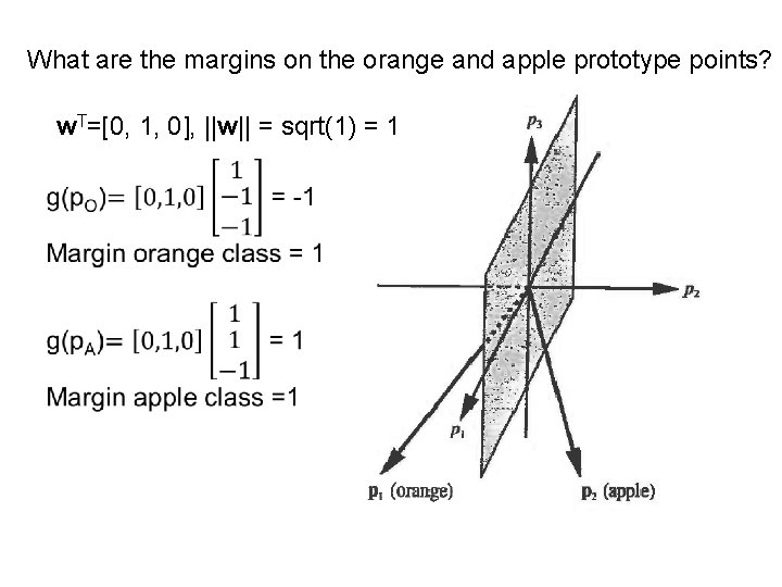 What are the margins on the orange and apple prototype points? w. T=[0, 1,