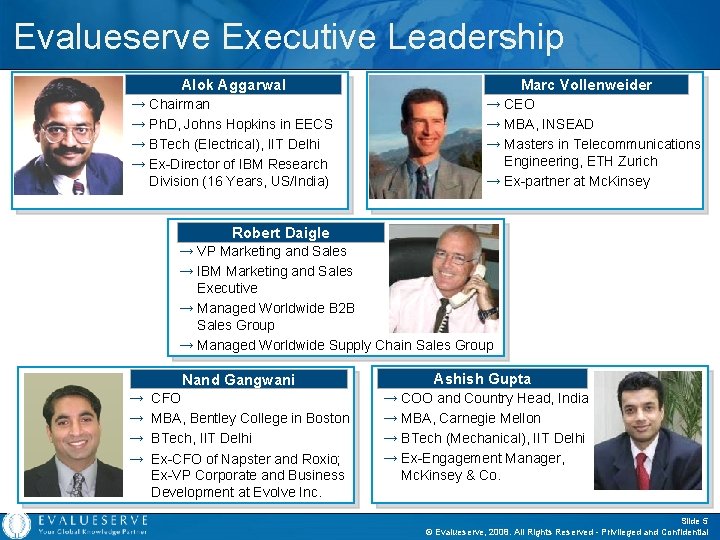 Evalueserve Executive Leadership Alok Aggarwal → Chairman → Ph. D, Johns Hopkins in EECS