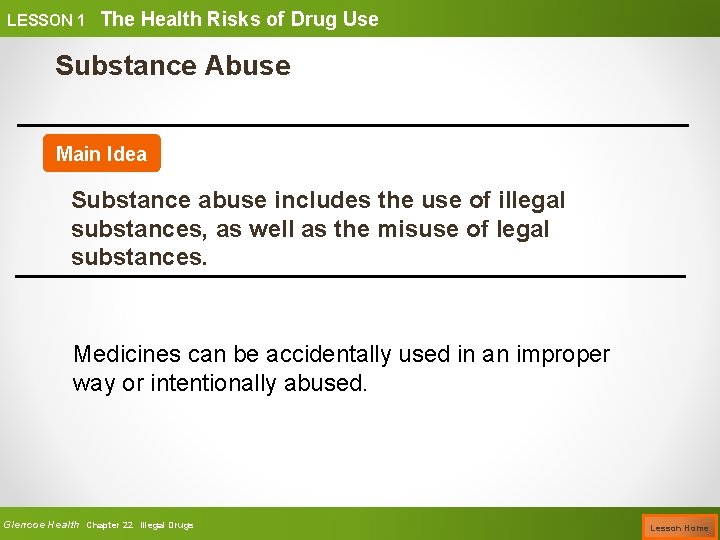 LESSON 1 The Health Risks of Drug Use Substance Abuse Main Idea Substance abuse