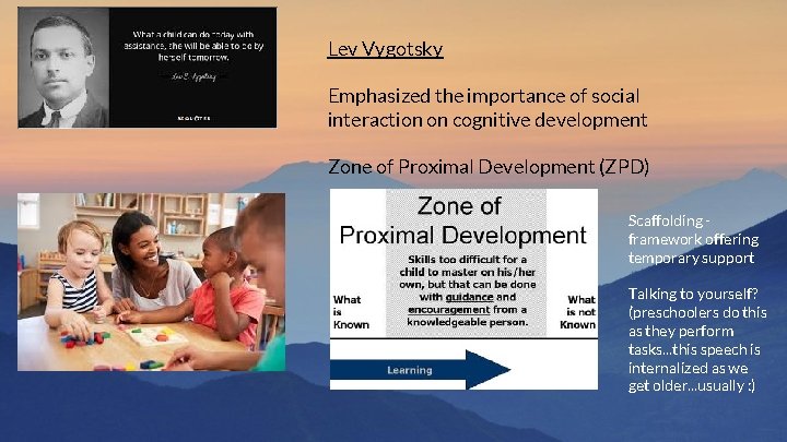 Lev Vygotsky Emphasized the importance of social interaction on cognitive development Zone of Proximal