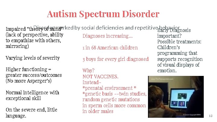 Autism Spectrum Disorder marked by social deficiencies and repetitive. Early behavior Impaired “theory of