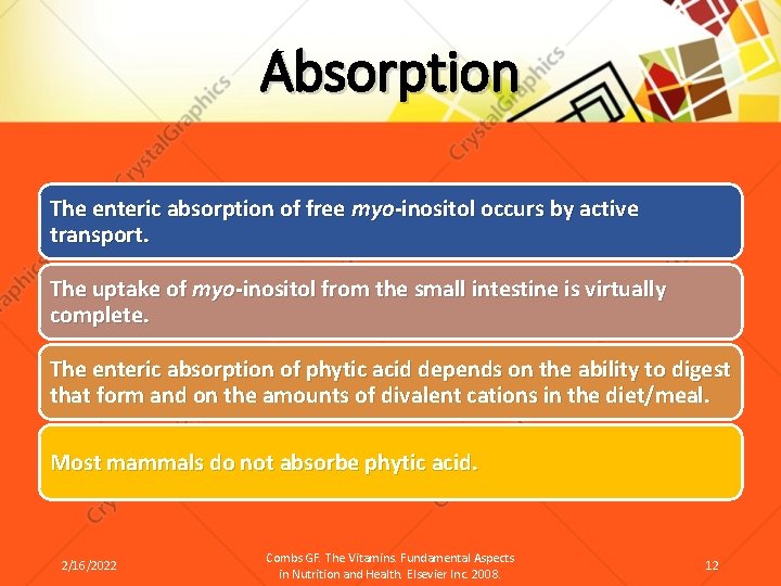 Absorption The enteric absorption of free myo-inositol occurs by active transport. The uptake of