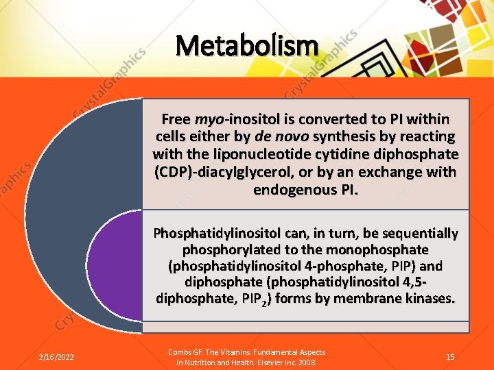 Metabolism Free myo-inositol is converted to PI within cells either by de novo synthesis