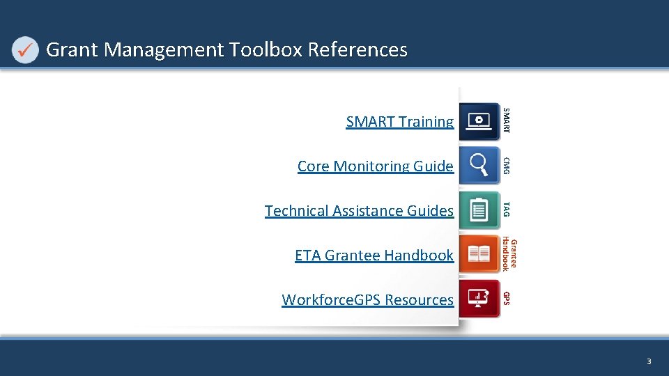 Grant Management Toolbox References SMART Training SMART Core Monitoring Guide CMG Technical Assistance Guides